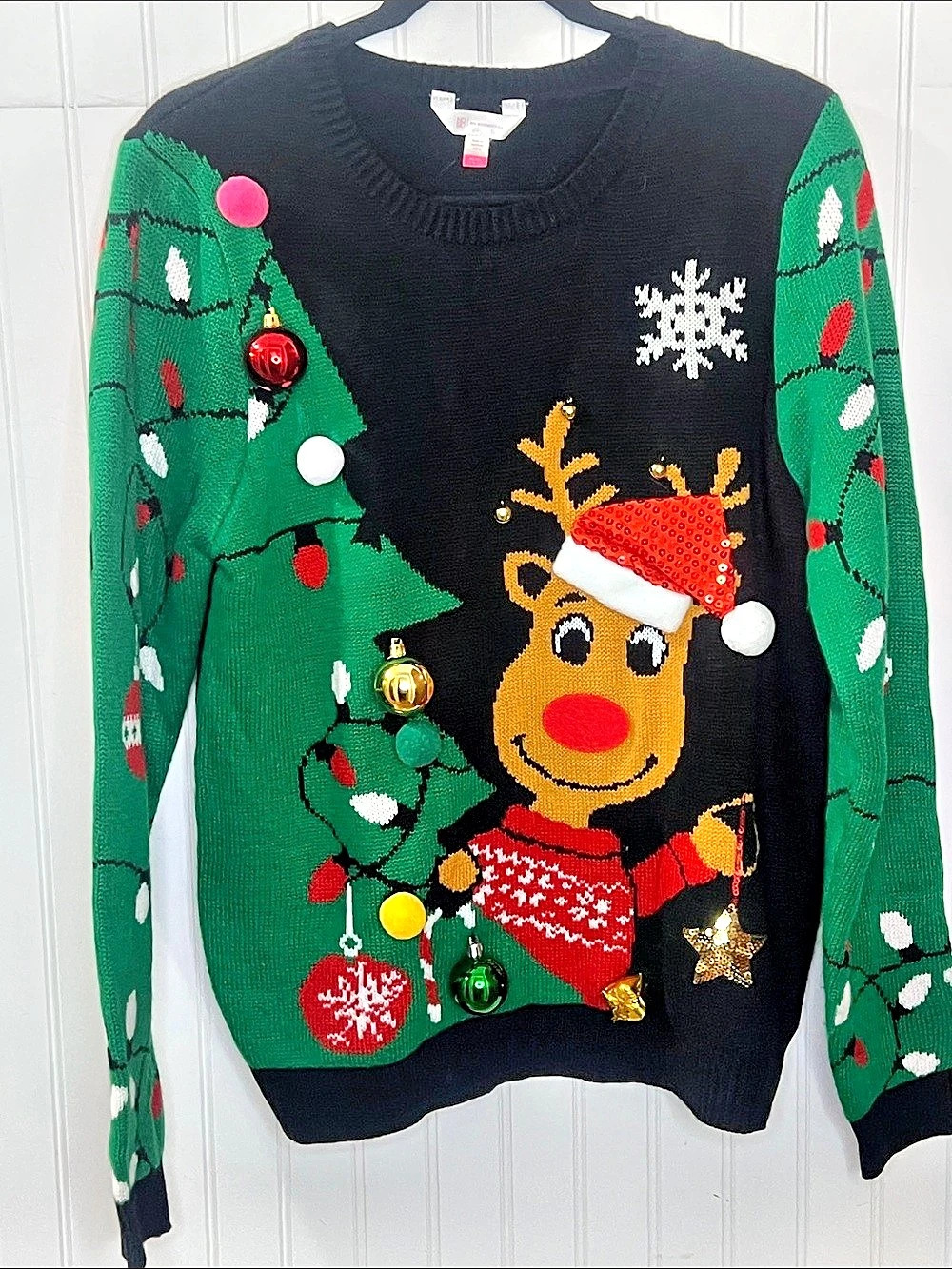NO BOUNDARIES Christmas Reindeer Ugly Sweater Black & Green XL Like New